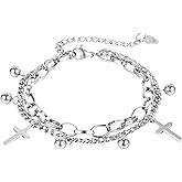 Rofusn Saint Benedict Cross Bracelet for Women, Silver Stainless Steel Adjustable Layered Link Paperclip Bracelets Jewelry Gifts