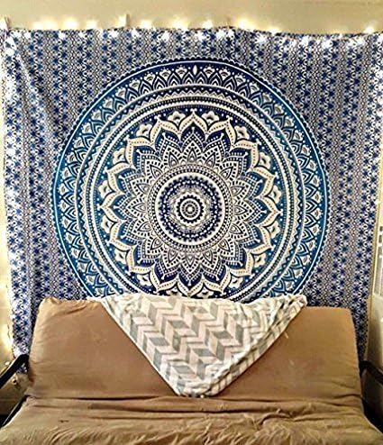 Indian Mandala Ombre Blue White BReet Queen blue bohemian Boho Large Throw Bed Sheet Wall Hanging Tapestry Queen Size Tapestry (blue)