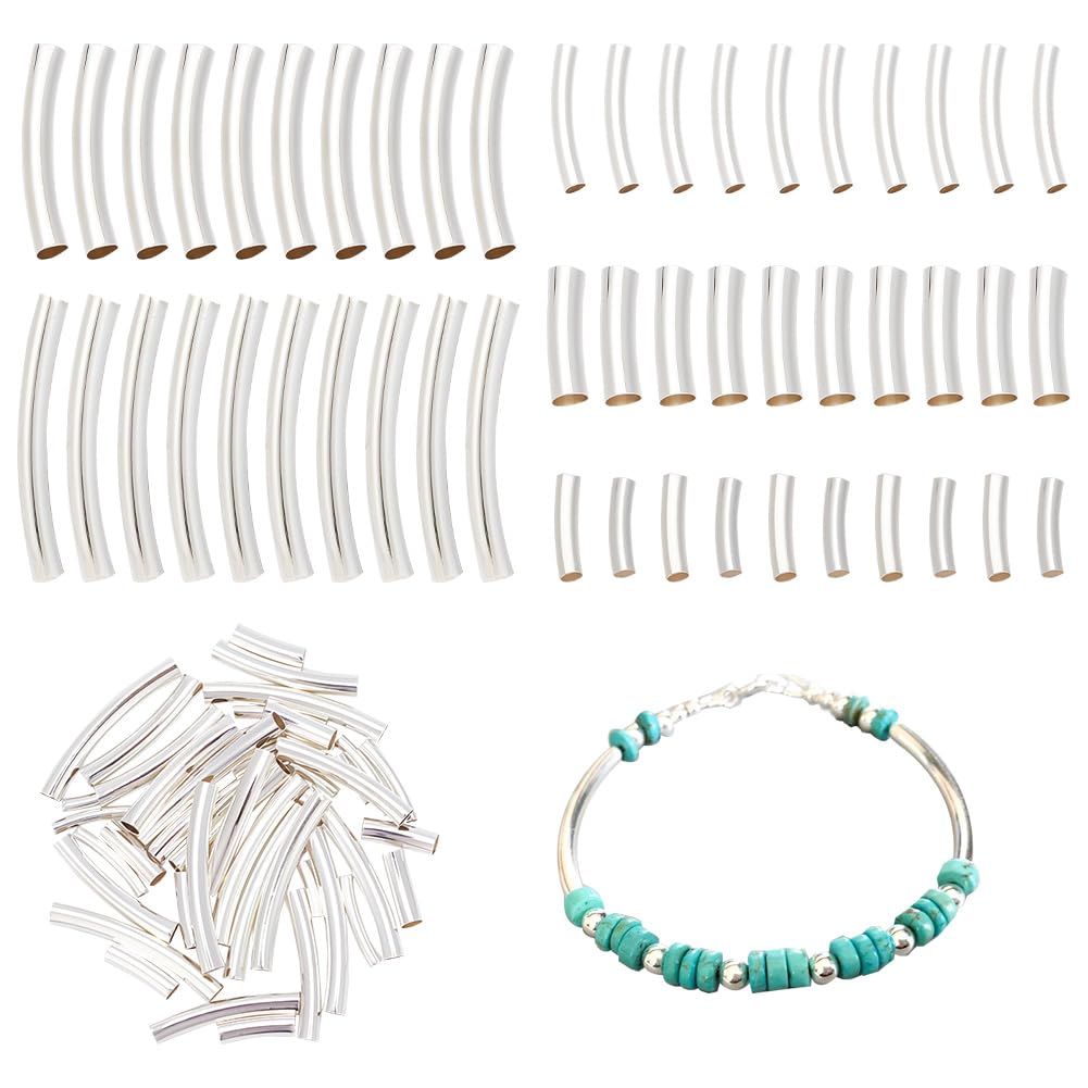 arricraft 50 Pcs 925 Sterling Silver Plated Brass Curved Tube Beads, 5 Sizes Curved Tube Beads Noodles Spacer Linking Beads Metal Loose Connectors for Bracelet Necklace Jewelry Making