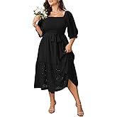 SHESTARR Women's Plus Size Wedding Guest Dress 3/4 Sleeve Square Neck Smocked Empire Waist Tie Boho Eyelet Maxi Long Dresses