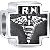 Bling Jewelry Nurse Nursing RN Nurst Hat Cap Registered Caduceus Cross Shape Dangle Charm Bead For Women Graduate Enamel .925 Sterling Silver Fits European Bracelet