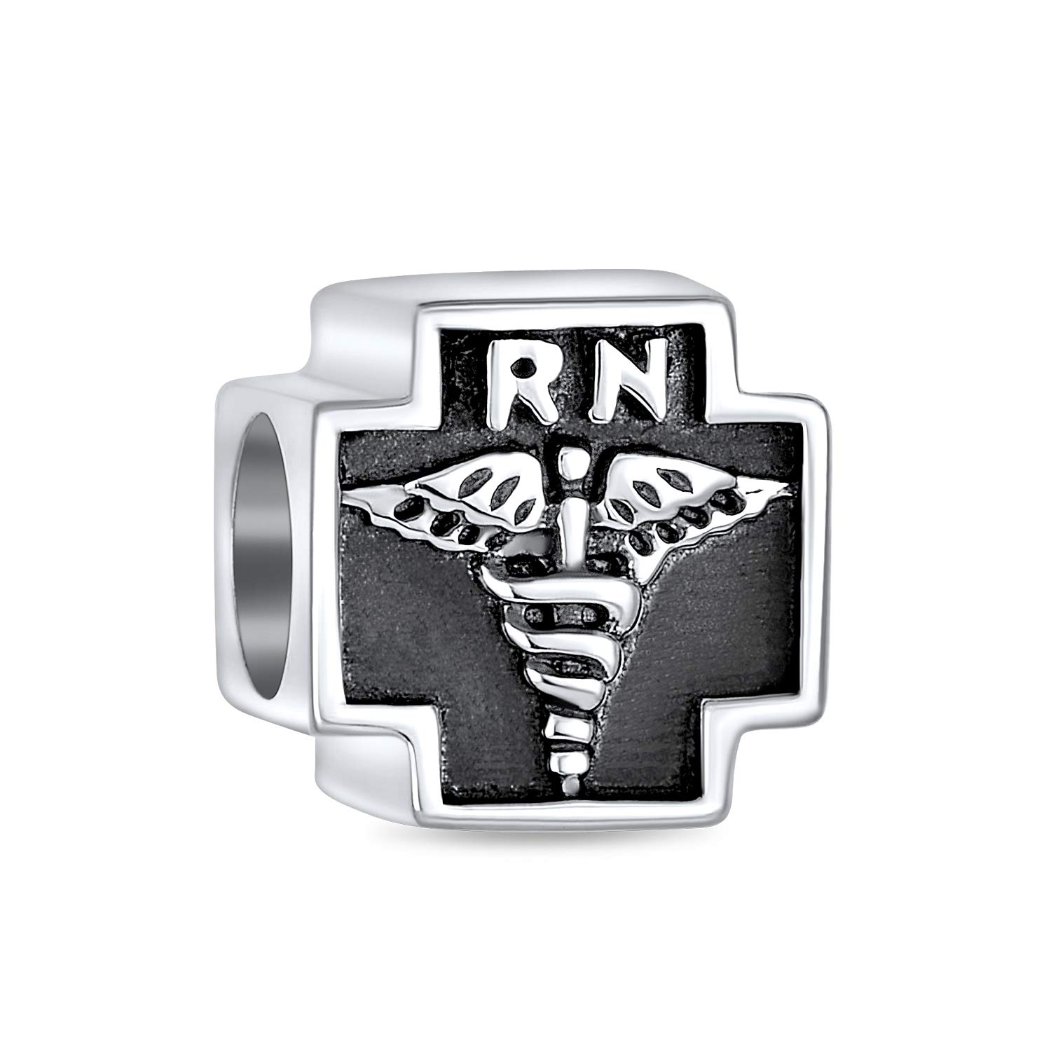 Bling Jewelry Nurse Nursing RN Registered Caduceus Cross Shape Charm Bead For Women Oxidized .925 Sterling Silver Fits European Bracelet