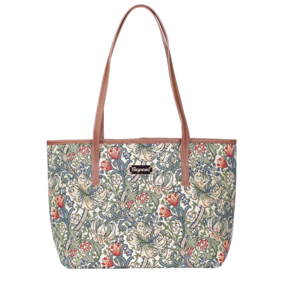 Signare Elegant Tapestry Tote Shoulder Bag – J.H. Dearle Golden Lily Floral Design – Vintage William Morris-Inspired Bag (Golden Lily, COLL-GLILY)