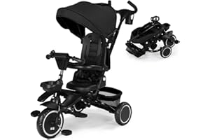 Kinder King Kids Tricycle, 8 in 1 Folding Toddler Trike w/Adjustable Push Handle, Rotatable Seat, Adjustable Canopy, Bell, Five-Point Harness, Storage, Toddler Stroller Bike for Age 6 Months+, Black