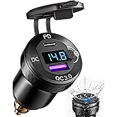 HHLUPUP Motorcycle USB Charger, Waterproof 18W QC3.0 & 30W PD3.0 DIN Plug to USB Adapter with On-Off Switch & Voltmeter, Aluminum Phone Charger for 12V/24V BMW Ducati Triumph