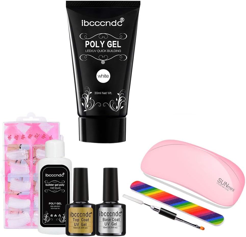 Ibcccndc Poly Nail Gel Kit Enhancement System Professional Poly Builder All-in-One Extension 8 PCS Gel Nail Set with Top and Base Gel, polygel slip solution and Nail Dryer Curing Lamp (White)