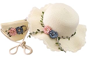 Girls Summer 𝐒traw Hat Bag Set Wide Brim Hat Sun Beach Hats with Shoulder Bag
