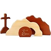 He is Risen Solid Natural Wood Easter Decor – Christian Resurrection Scene with Empty Tomb & Cross, Religious Easter Decorations for The Home, Church, Office, He is Risen Table Decor Gifts