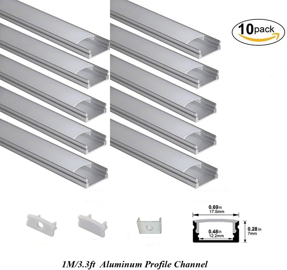 Hanks 1M/3.3ft LED Aluminum Profile 17.5*7mm Silver U-Shape Internal Width 12mm Channel System with Cover, End Caps and Mounting Clips Aluminum Channel for LED Strip Light (P16（10x1M-Pack）)