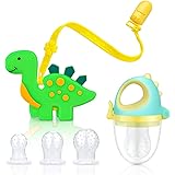 SHARE&CARE Dinosaur Baby Teething Toys Set, 1pc Dinosaur Teether, 1pc Dinosaur Food Feeder Pacifier with 3 Silicone Sacs, and