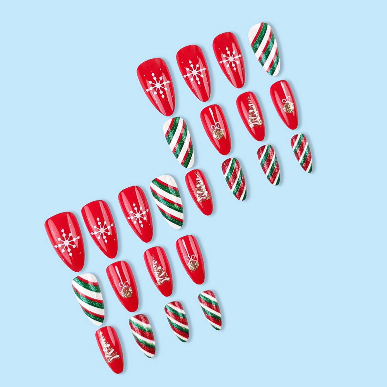 Rilafuvu Red Press on Nails Medium Almond Fake Nails White Snowflake Xmas Stripe Pattern Design False Nails Glue on Nails Acrylic Nails Xmas Stick on Nails Christmas Nails Press ons Nails 24pcs - Image 4