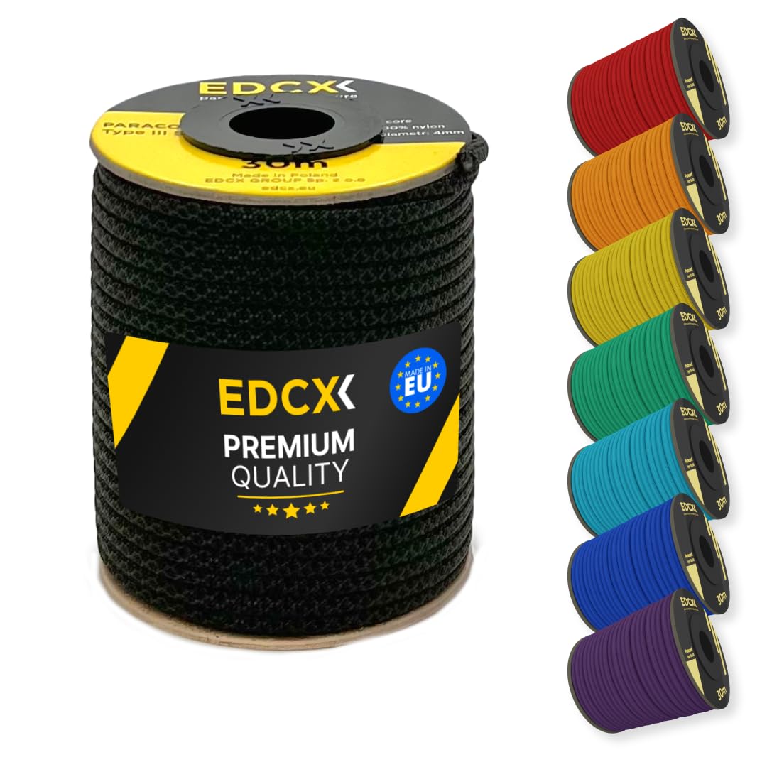 EDCX 4mm Nylon Paracord 550 30m (100 feet) | Ideal for Camping, Survival, Outdoor, Crafting, DIY | 100% Nylon Rope 4mm | Paracord 550 Type III in Solid Color (Black Snake, 30 m)