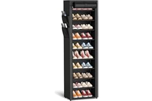 Kitsure Shoe Rack - 10-Tier Large Capacity Shoe Organizer Shelf with Dust Cover & Side Pockets, Rust-Proof Metal Shoe Rack for Closet, Entrance, Living Room, 17.5" x 12.4" x 69.3", Black