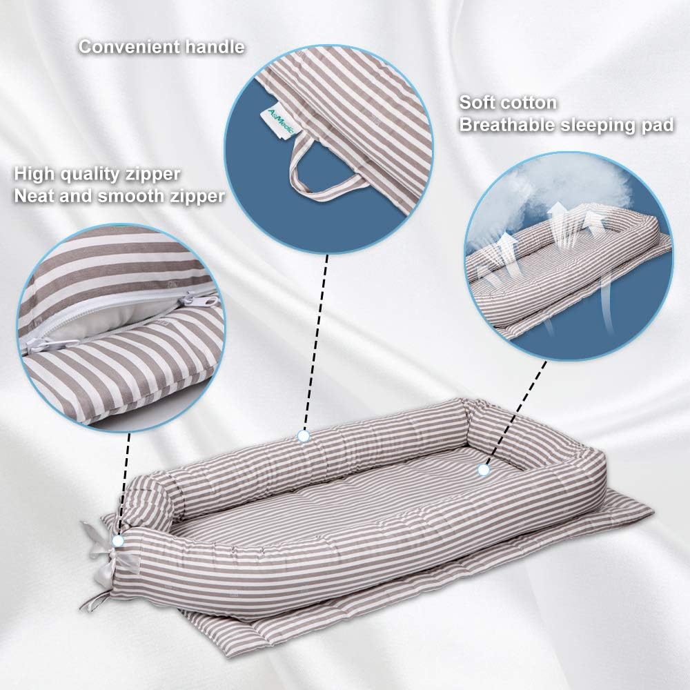 Windream Baby Nest Baby Lounger-Grey Striped Breathable, Washable, Portable and Lightweight Perfect for Cuddling, Lounging, Co Sleeping, Napping and Travel Bassinet(0-24 Months): Home & Kitchen