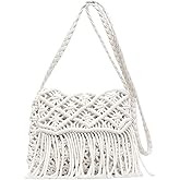 Boho Crossbody Bag for Women, Crochet Bohemian Purse Small Crossbody Bags for Women, Cute Summer Beach Woven Purse with Tassels White Hippie Style