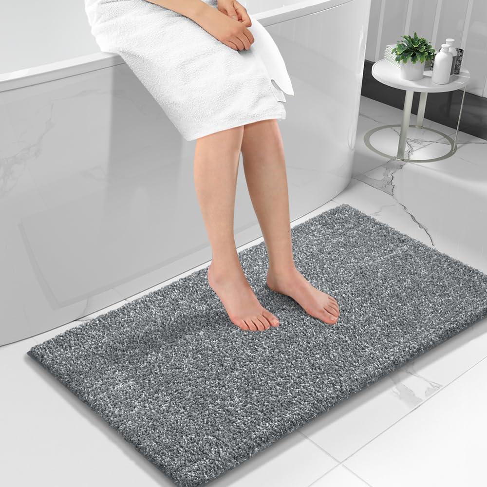 Yimobra Long Bathroom Rug Non Slip Washable, Soft Absorbent Microfiber Bath Mat, Dual-Tone Decor Rug with Rubber Backing for Bathroom Floor Tub and Shower,44x24,Home Essentials,Dark Gray and White