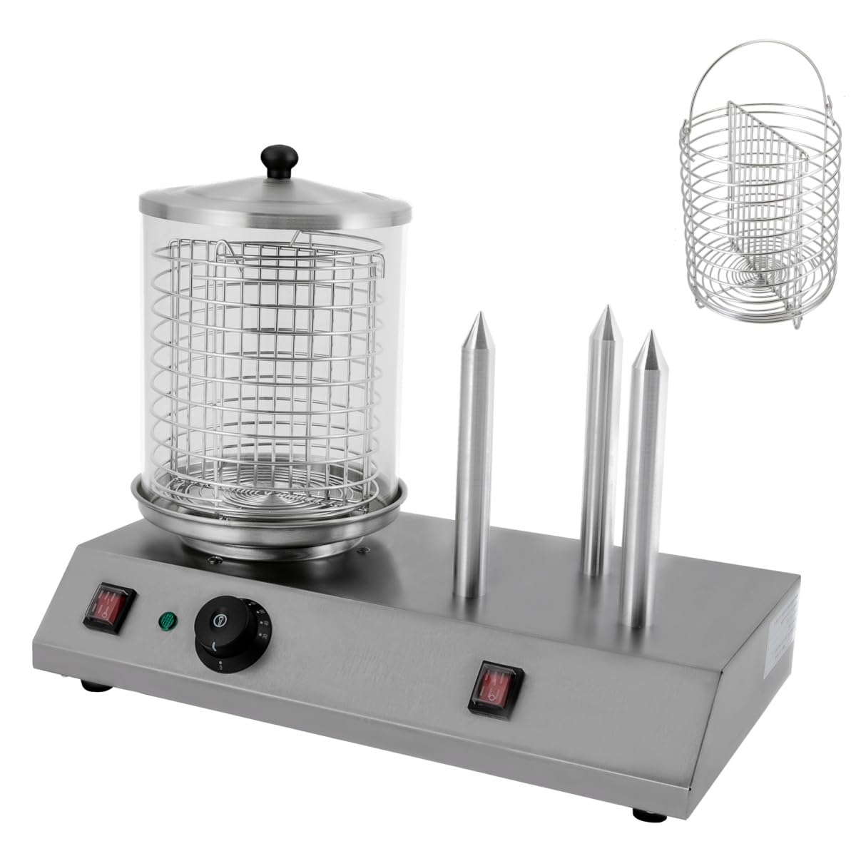 Hot Dog Steamer with Lid Stainless Steel Dog Steamer And 3 Bun Warmer Adjustable Temperature 86-230℉,Hotdog Machine with Bun Warmer for Hot Dogs, Sausages, Breads&Baguettes