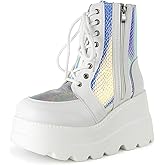 Tscoyuki Platform Ankle Boots for Women Chunky High Heel Booties Goth Round Toe Combat Boots Women Lace Up Motorcycle Wedges