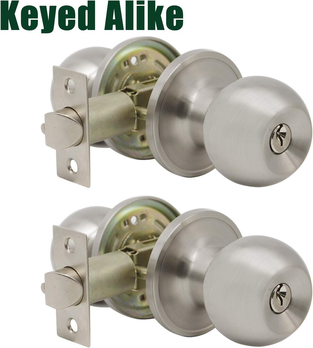 Probrico (2 Pack) Keyed Alike Door Knobs Combo Pack, Satin Nickel Ball Entry Door Knobs Entrance Lockset, Interior Exterior Single Cylinder Door Lock