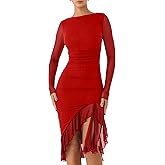BORIFLORS Women's Sexy Ruched Bodycon Midi Dresses Elegant Mesh Long Sleeve Ruffle Hem Cocktail Party Dress