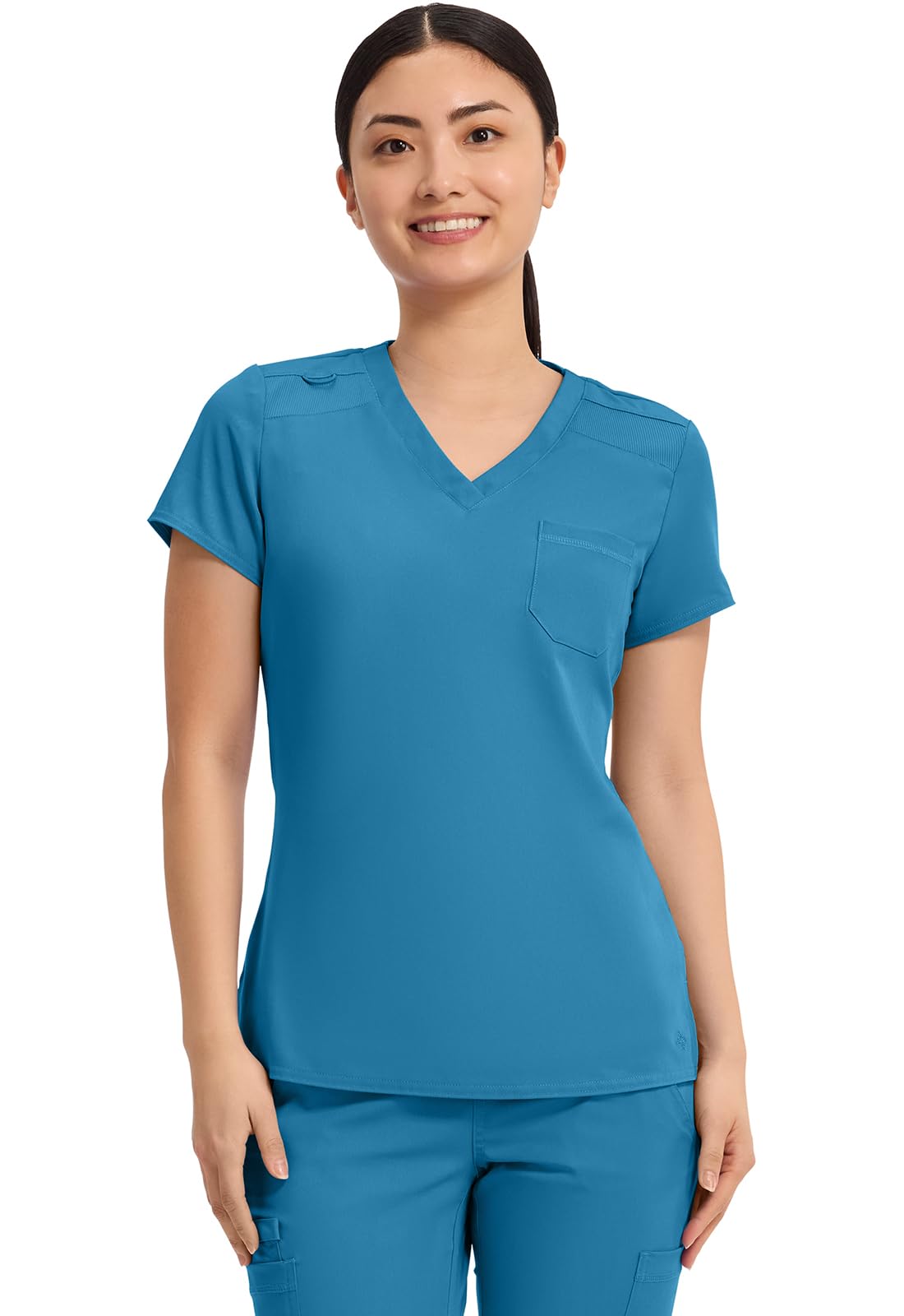 Med Couture Women's V-Neck Scrub Top, Modern Fit Tuck-in Top with Stretchy Rib-Knit Shoulders and Chest Pocket - MC7448, M, Mali-Blue Shore Image