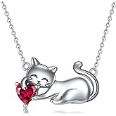 LONAGO Cat Necklace with Birthstone 925 Sterling Silver Cat Pendant Necklace Gift for Women