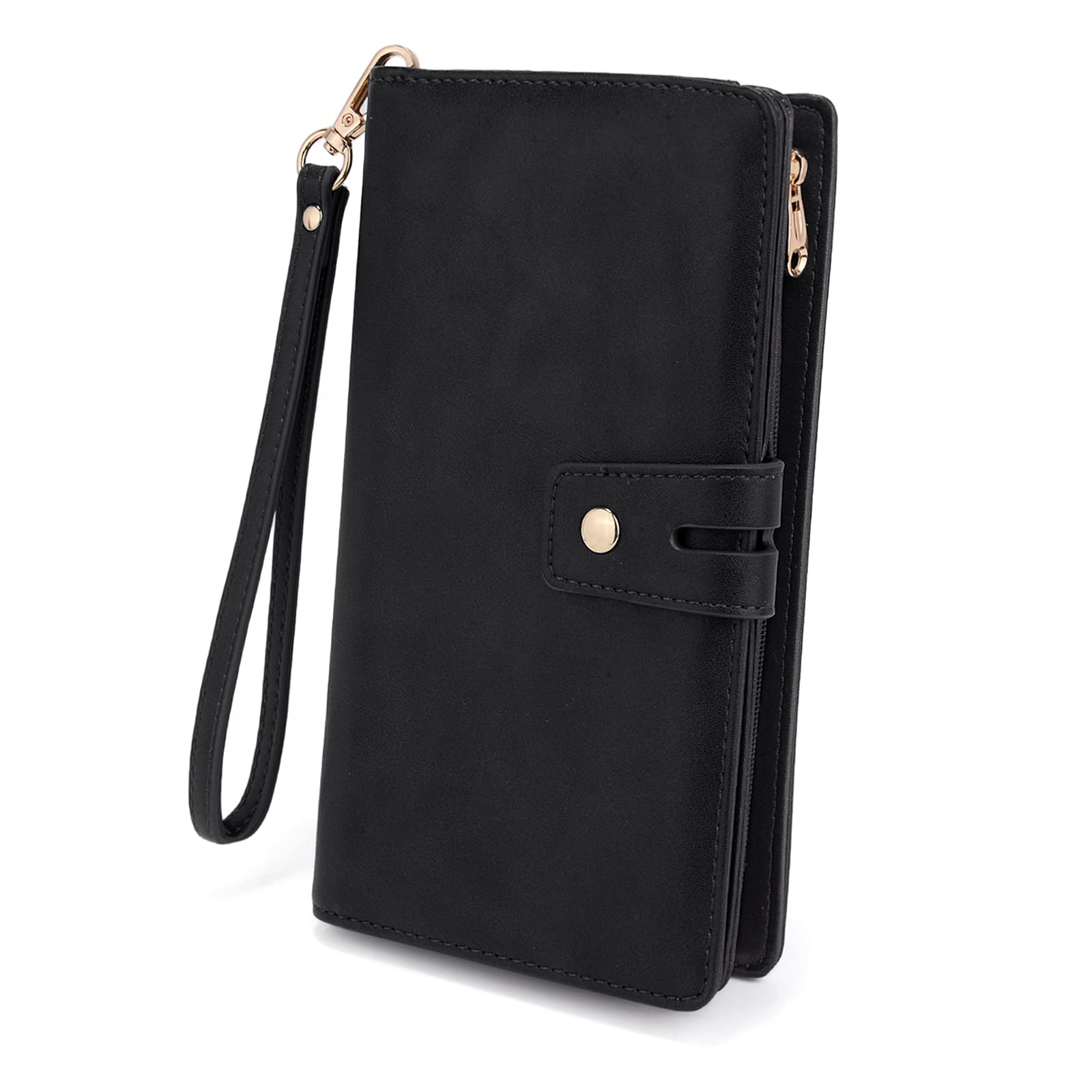 UTO Ladies Purse Wallet for Women Wristlet Phone Bag 20 Card Slots Removable Cheque Cover with Pen Holder PU Leather Black