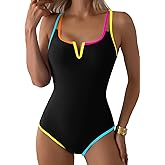 Aleumdr Women's One Piece Swimsuit Tummy Control V Wired Slimming Bathing Suit Color Block Printed Swimwear