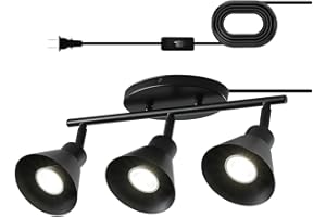 vivihobb Black 3 Light Plug in Track Lighting Kit,Modern Plug in Ceiling Light Fixture,14.7ft Cord,On/Off Switch,4 Way Ceiling Spot Lighting,Flexibly Rotatable Light Head (Bulbs Not Included)