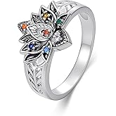 925 Sterling Silver Chakra Lotus Ring, 7 Colored Gemstones, Vintage Balance Yoga Style, Size 8