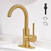 FROPO Gold Bathroom Faucets - Single Hole Waterfall Vanity Sink Faucet with Drain Assembly, Brushed Gold Waterfall Bathroom Faucets 360° Swivel Spout Vanity Faucet Single Handle Lavatory Faucets