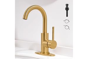 FROPO Gold Bathroom Faucets - Single Hole Waterfall Vanity Sink Faucet with Drain Assembly, Brushed Gold Waterfall Bathroom F