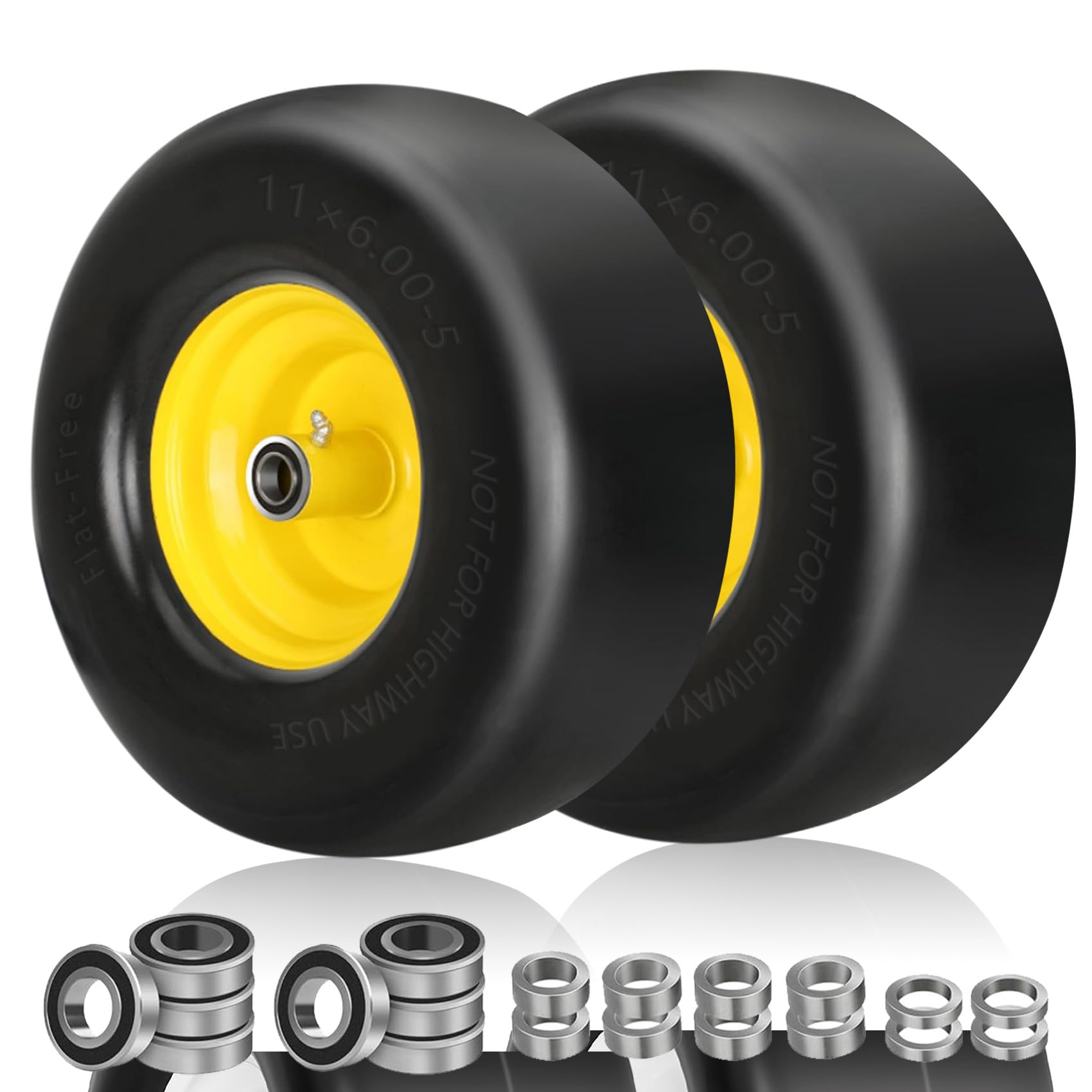 Photo 1 of 11x6.00-5 Flat Free Tire,11x6.00-5 Lawn Mower Tires and Wheels Assembly with 3/4" & 5/8" and 1/2" Precision Bearings,6"- 8" Center Hub Zero Turn Lawn Mower Tires