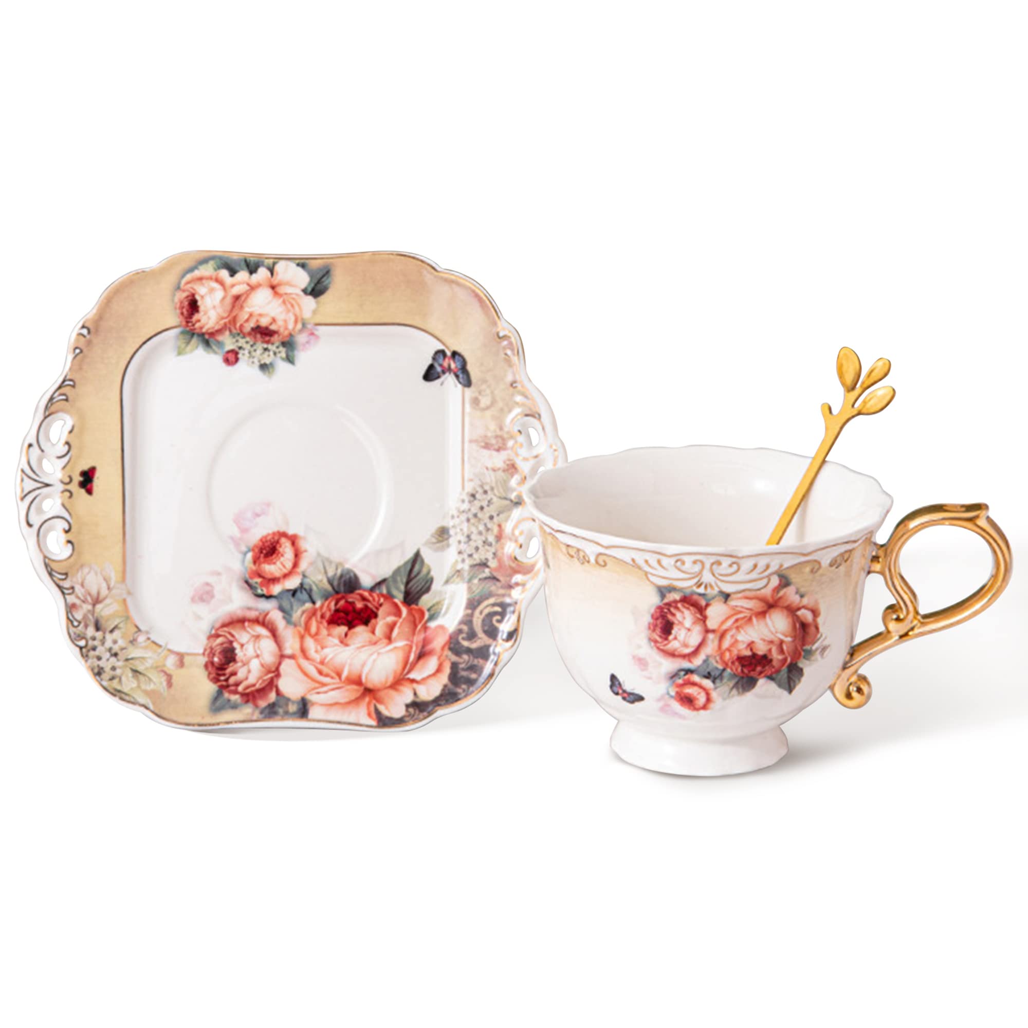 fanquare Orange Coffee Tea Cup and Saucer Set, Floral Ceramic Coffee Cup with Saucer, 200ml British Porcelain Tea Cup