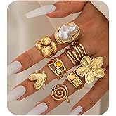 ZMJK 6PCS Vintage Flower Stackable Rings for Women Non Tarnish Chunky Gold Rings Baroque Pearl Knuckle Statement Rings Set
