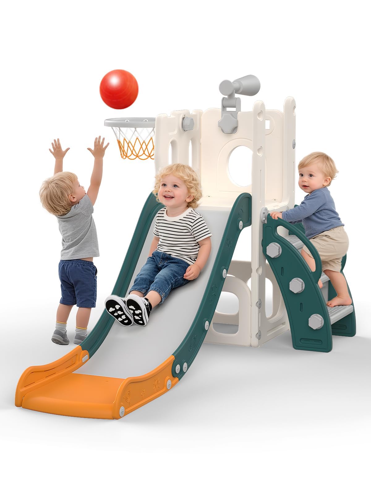 hoopyosms Plastic Kids Slide with Ladder, Basketball Hoop & Toy Telescope, Indoor & Outdoor Activity Playset for Toddlers & Preschoolers(Green)