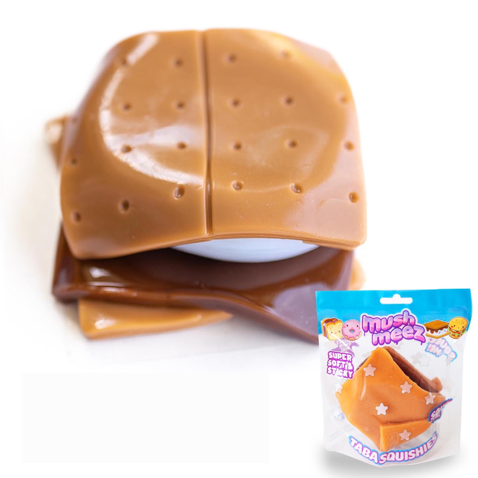 MushMeez Taba Squishy - S'More (Jumbo) Large, 3.5" Super Soft & Sticky Layered TABA Squishies - Squish, Squeeze, Great for Stress Relief - Sensory / Fidget Play Food Squishy Toys for Kids and Adults