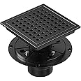 CIFOX 6 Inch Black Shower Drain Square with Flange Removable Quadrato Grid Pattern, Brushed 304 Stainless Steel, Includes Flo