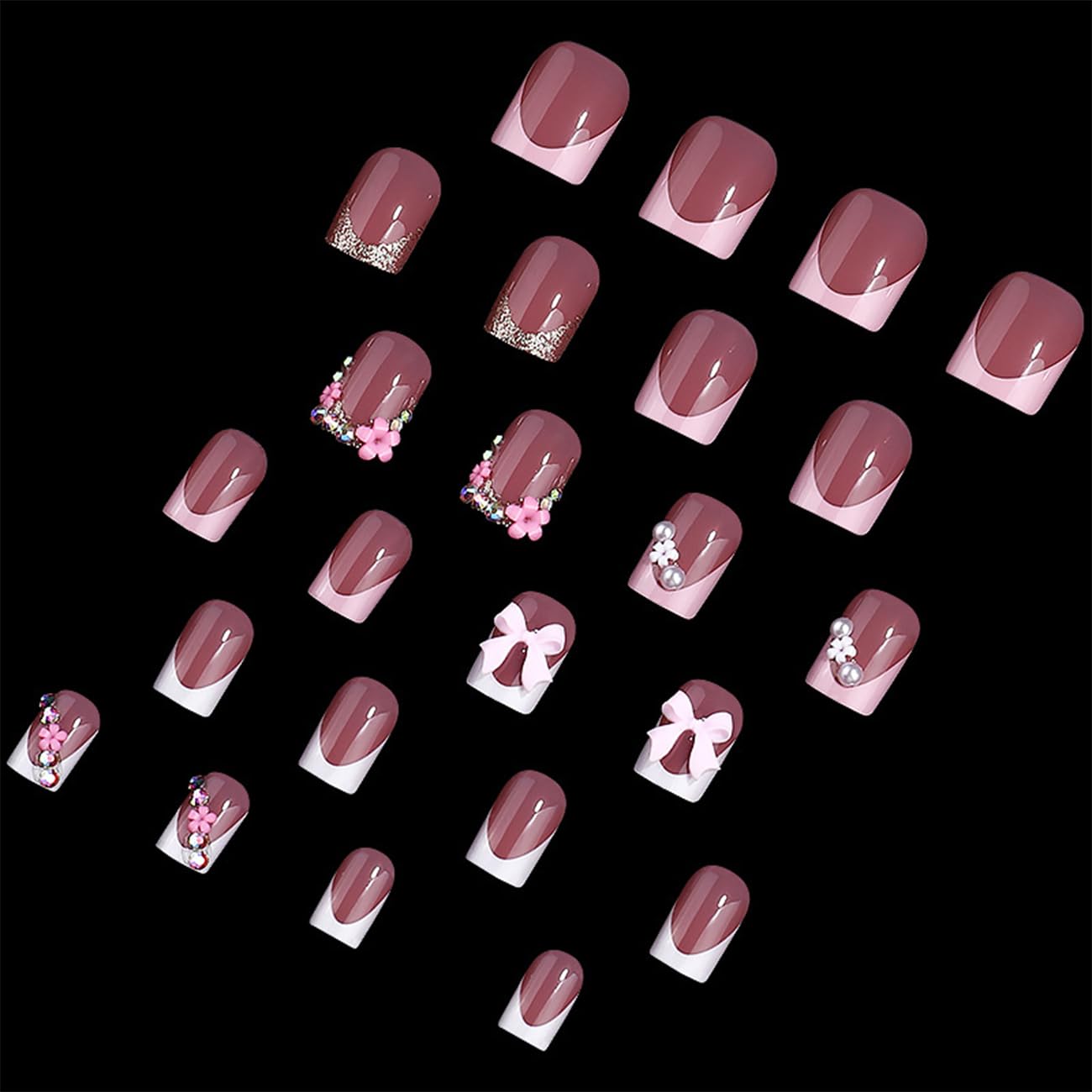 24pcs French Tip Press-On Nails - Short, Charms, Bow, Flower Design, Pink, Cute, Square Shape, Acrylic, Rhinestones - Image 2