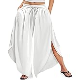 TARSE Womens Linen Wide Leg Split Skirt Pants Boho Loose Palazzo with Elastic Waist Drawstring 2025 Beach Vacation Pants