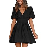 BWQ Women Mini Dress Short Puff Sleeve Sexy V Neck Dress A-line Elastic High Waisted Casual Flowy Summer Dresses