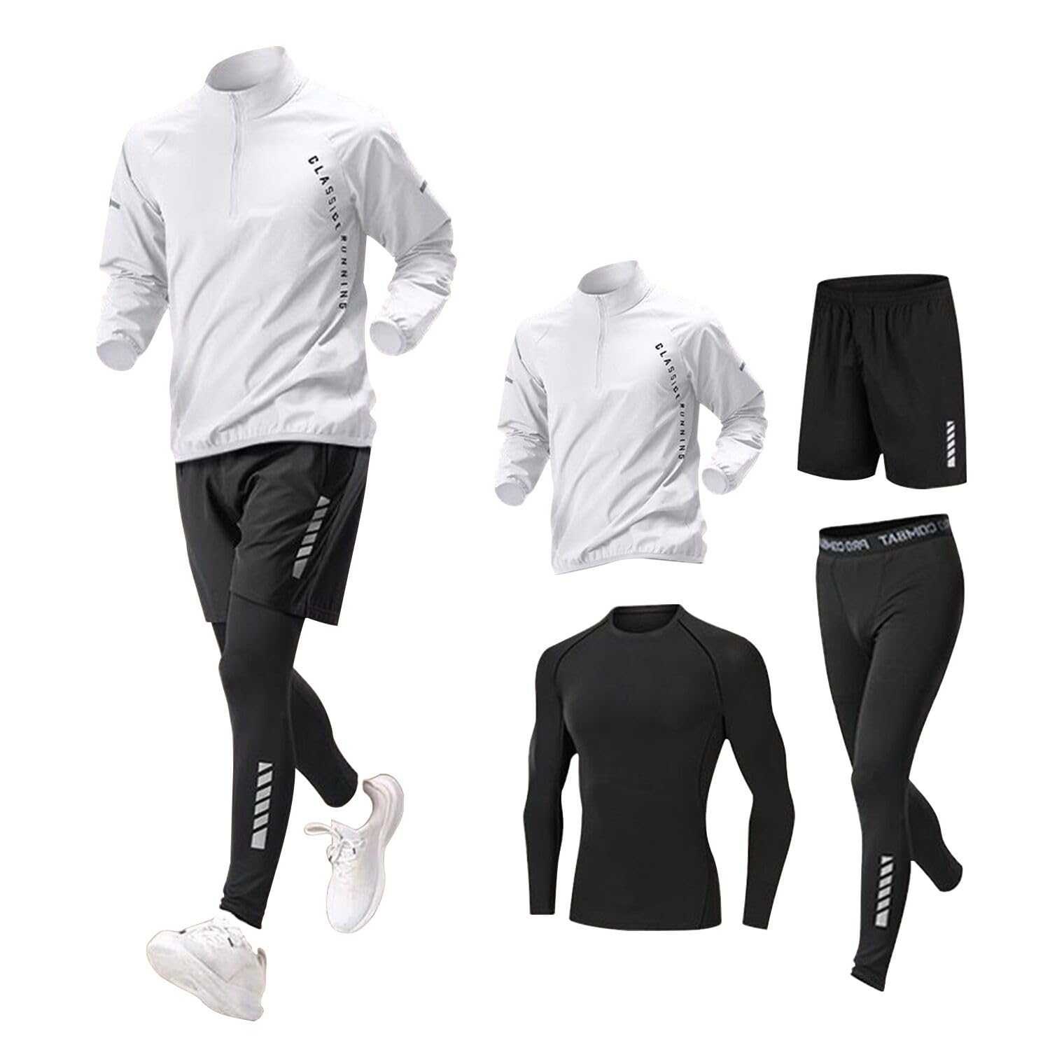 Ciciibear Men's Compression Wear, Long Sleeve, 4-Piece Set, Sportswear, Top and Bottom Set, Training Wear, Walking, Cycling, Gym, Muscle Training, Sweat Absorbent, Quick Drying, Breathable