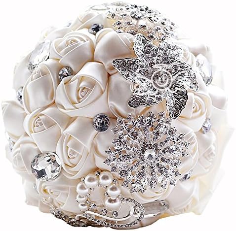 New Ivory Rose Satin Flower Pearl Brooch and Rhinestones Bridal Bouquet Wedding Party Décor for Bride/Bridesmaid
