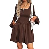 Mieazom Women Bell Long Sleeve Mini Dress Square Neck Button Down A Line Pleated Winter Fall Dresses with Pockets