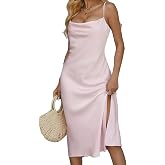 WOCV Spaghetti Straps Matte Satin Midi Dress with Cowl Neck and Low Back