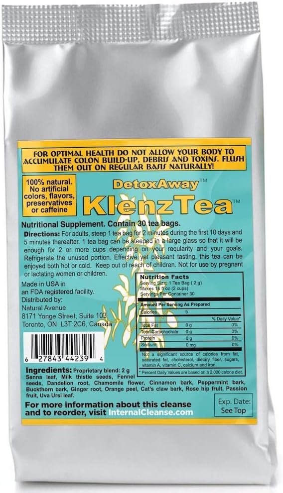 KlenzTea - Total Body Detox with Milk Thistle, Dandelion Root, Catโs Claw Bark, Cinnamon, Ginger, Fennel, Chamomile, Senna & More. (30 Tea Bags with 14 Herbs)