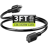 Seeklyze 16/3 Black Extension Cord 3 FT Indoor, Short Extension Cord | Short Extension Cord 3FT for Laptops, Coffee Makers, 3 Prong Small Resistant Cable Flexible, 13A 125V 1625W ETL Listed