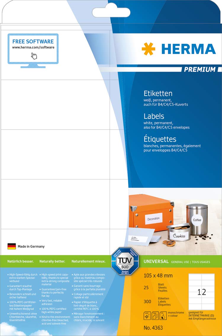 HERMA Self Adhesive Multipurpose Labels, 12 Labels per A4 Sheet, 25 Sheets, 105 x 48 mm, 300 Labels, Blank Universal Labels Stickers, Sticky Labels for Laser & Inkjet Printer, White