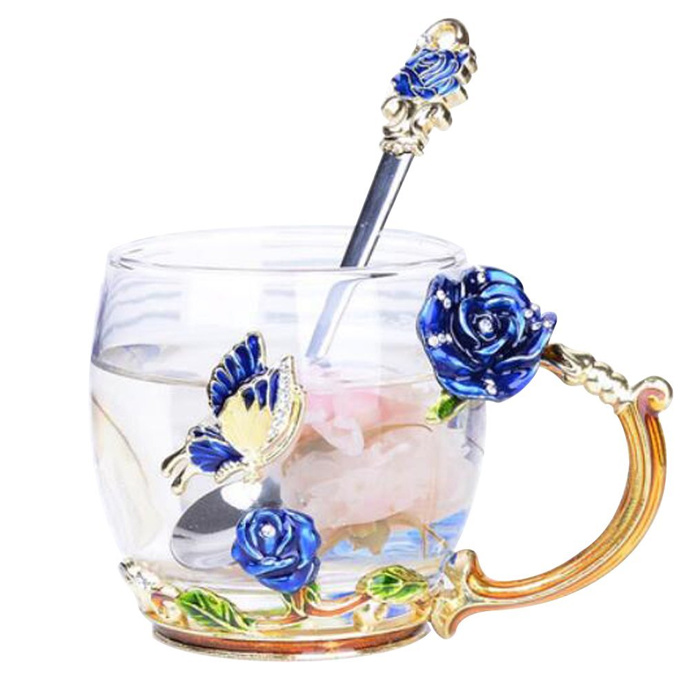 YBK Tech Creative Flower Glass Mug, Crystal Clear Glass Tea Cup- Blue Rose, Short (320ml)
