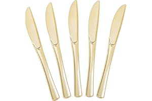 BESTVIP 100 Count Gold Plastic Knives, Solid and Durable Plastic Knives Disposable, Heavy Duty Look Like Real Cutlery, Utensils Perfect for Parties, Weddings, Christmas, Thanksgiving and Special Occasions